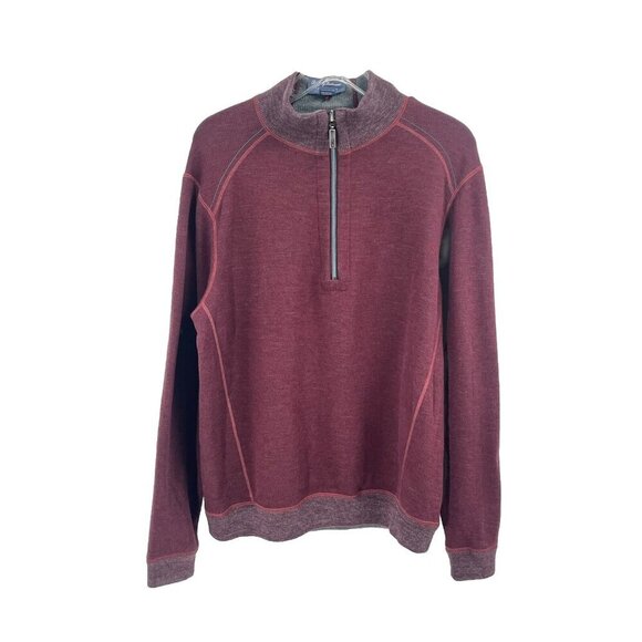 Tommy Bahama Reversible Quarter Zip Pullover Sweater Maroon Gray Cotton Tencel M - Picture 1 of 4